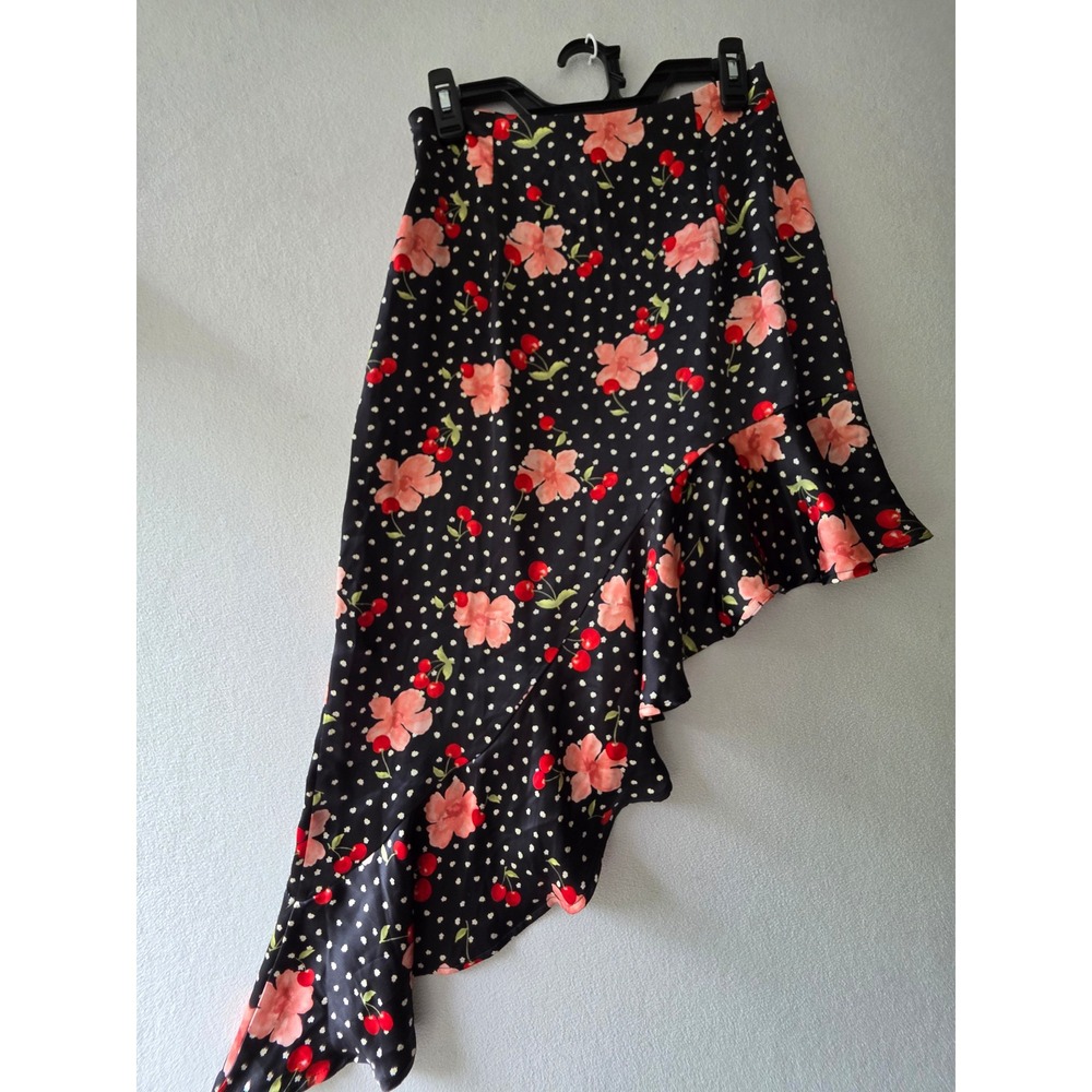 Forever 21 Women Black Cherry Floral Polka Dot Asymmetrical Ruffle Skirt Size M - Picture 4 of 8